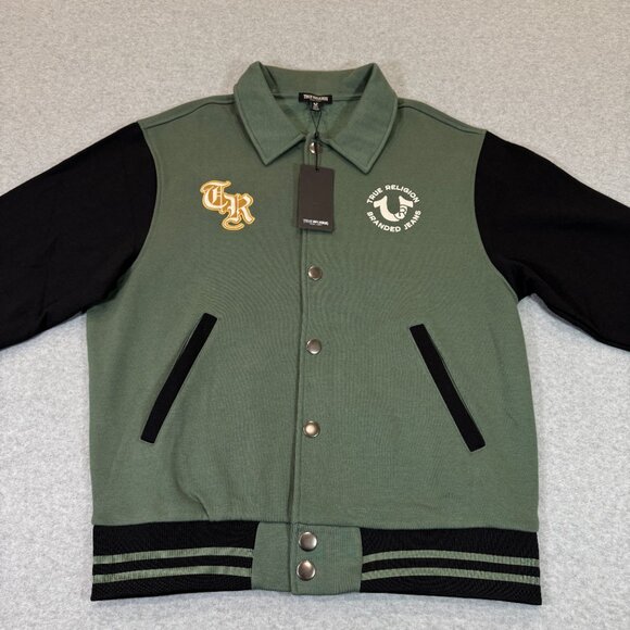 True Religion Men's Collared Patch Fleece Varsity Jacket Medium Green Black NWT - Picture 9 of 15